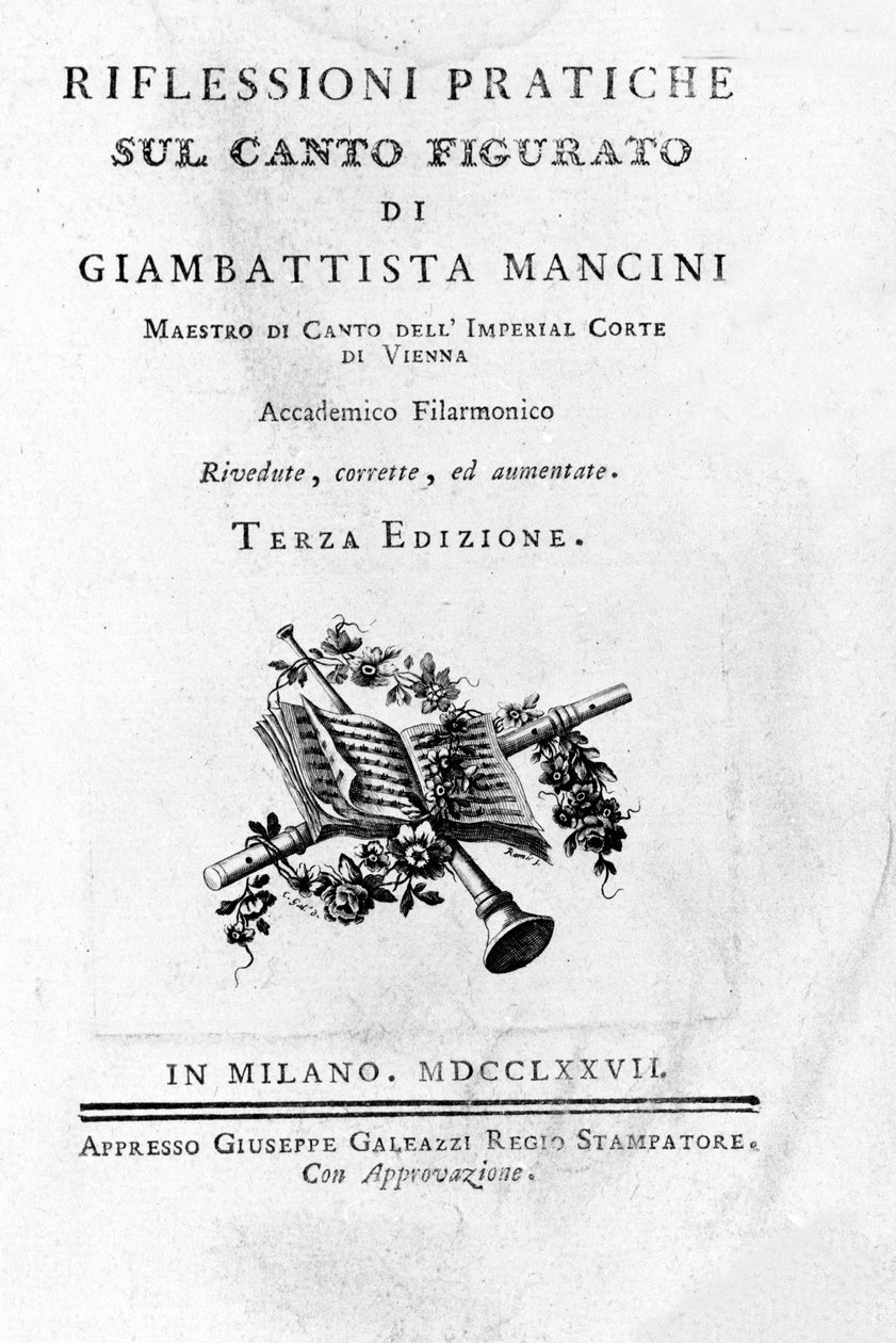 Frontispice de “” İtalyan şarkı teorisyeni ve hadım etme Giovanni Battista Mancini (1716 - 1800) tarafından mecazi şarkı söyleme ”” ”” üzerine düşünceler ve pratik yansımalar. 1777. by Unknown artist