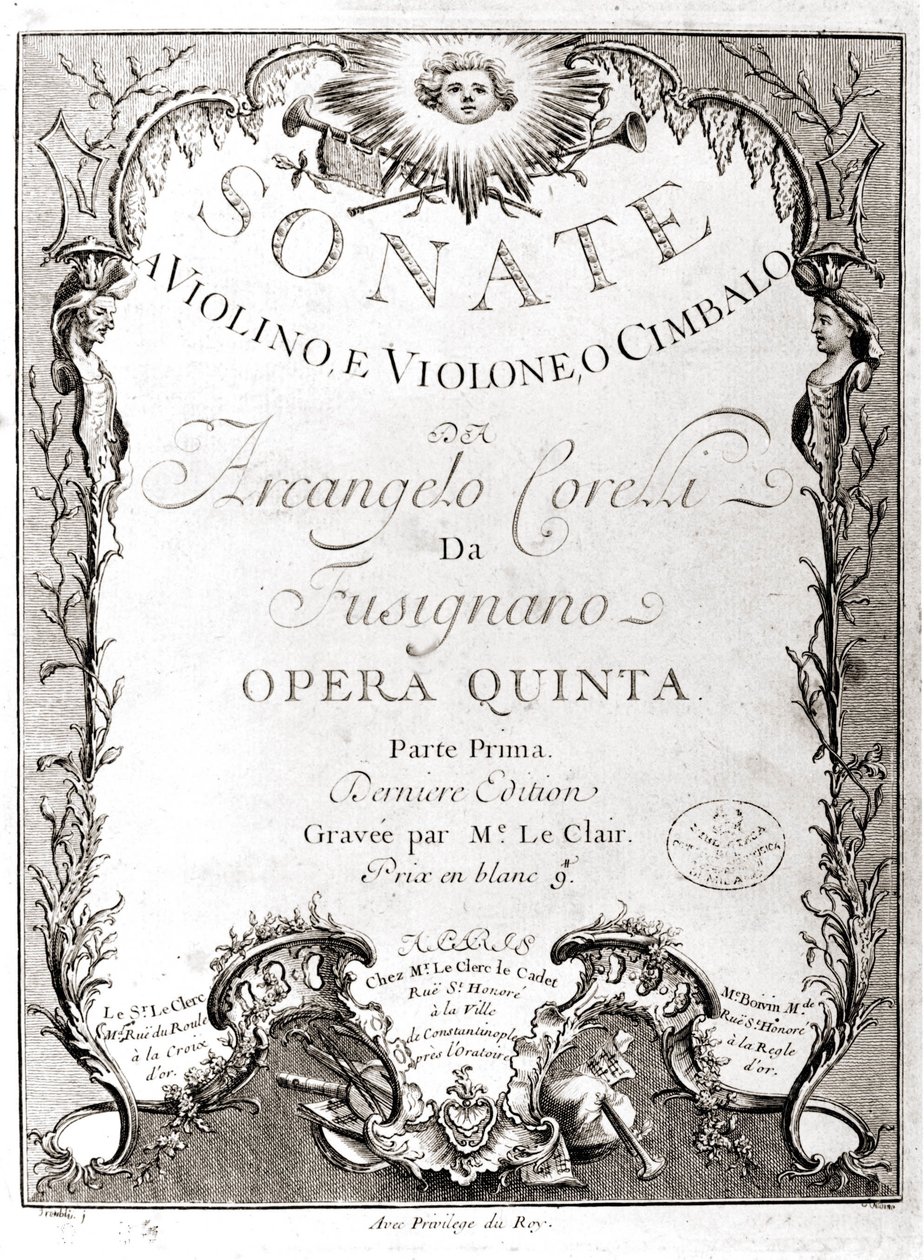 Arcangelo Corelli (1653 - 1713) tarafından keman, bas ve klavsen için 12 sonatın ön yüzü. Fransızca versiyonu. by Unknown artist