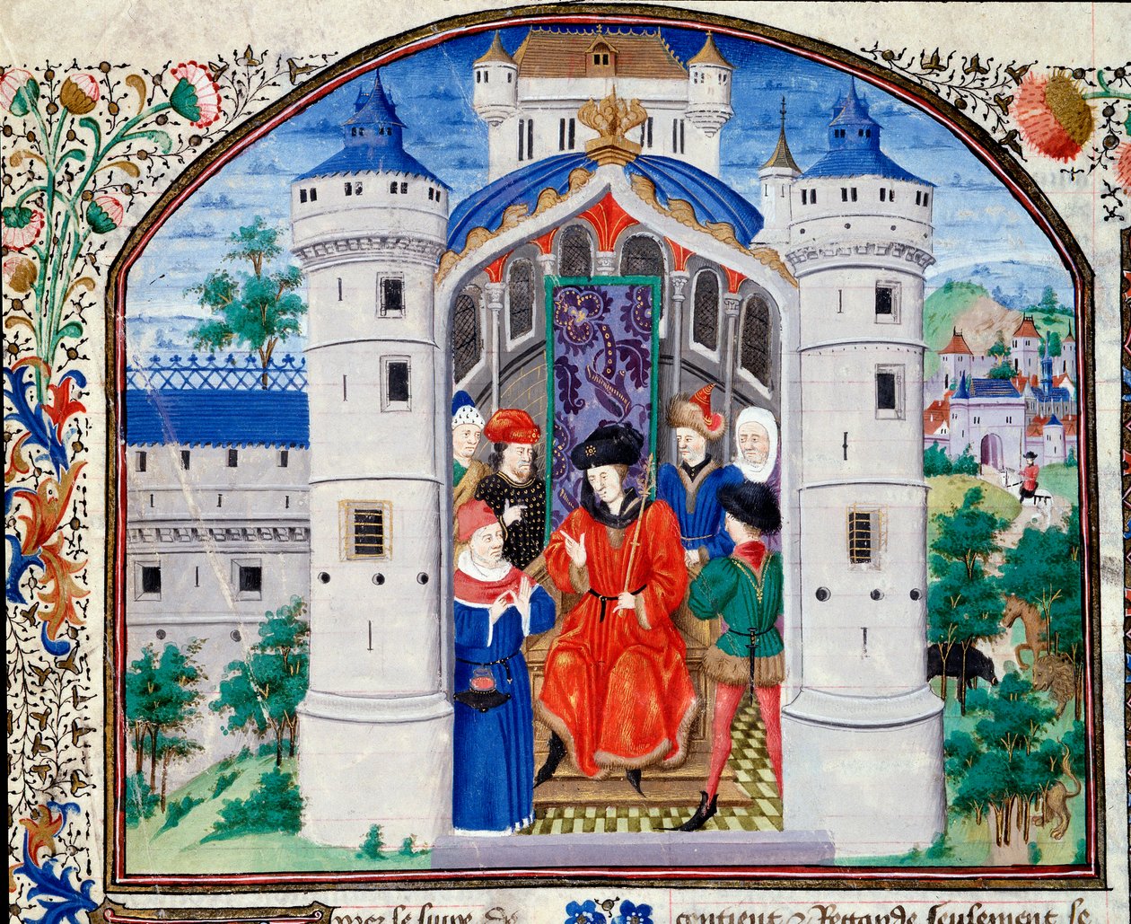 Çalışmalarını krala sunan yazarı temsil eden Ekonominin Cephesi. El yazmasından minyatür (Ms 927 Fol.426) Yunan filozof Aristoteles