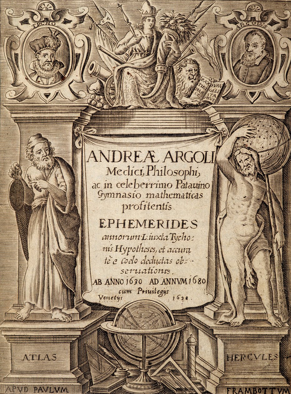Andreae Argoli tarafından Herkül ve Atlas ile “” Ephemerides “” Frontispice by Unknown artist