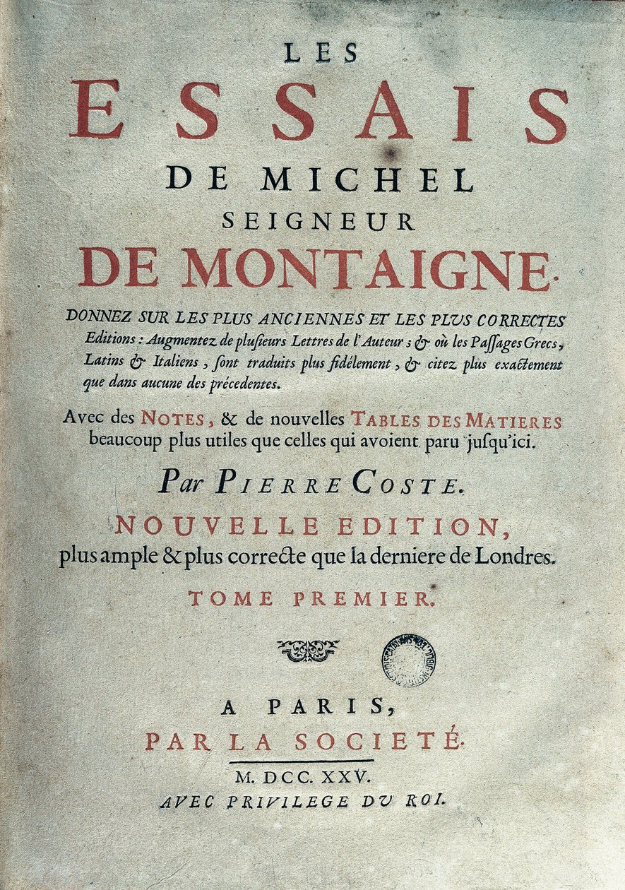 Fransız yazar ve hümanist Michel de Montaigne (1533-1592) tarafından yazılan “Les denemeler”in ön yüzü. 1725 Barselona. Biblioteca de Catalunya by Unknown artist