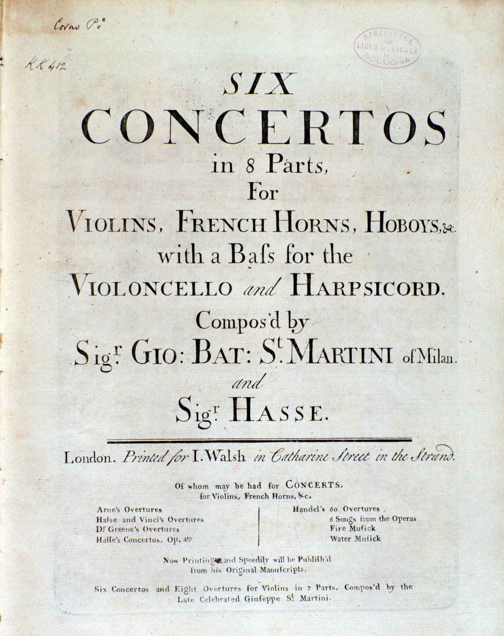 G B Sammartini ve J A Hasse tarafından 8 bölümden oluşan altı konçertonun müzik notalarının ön yüzü by Unknown artist