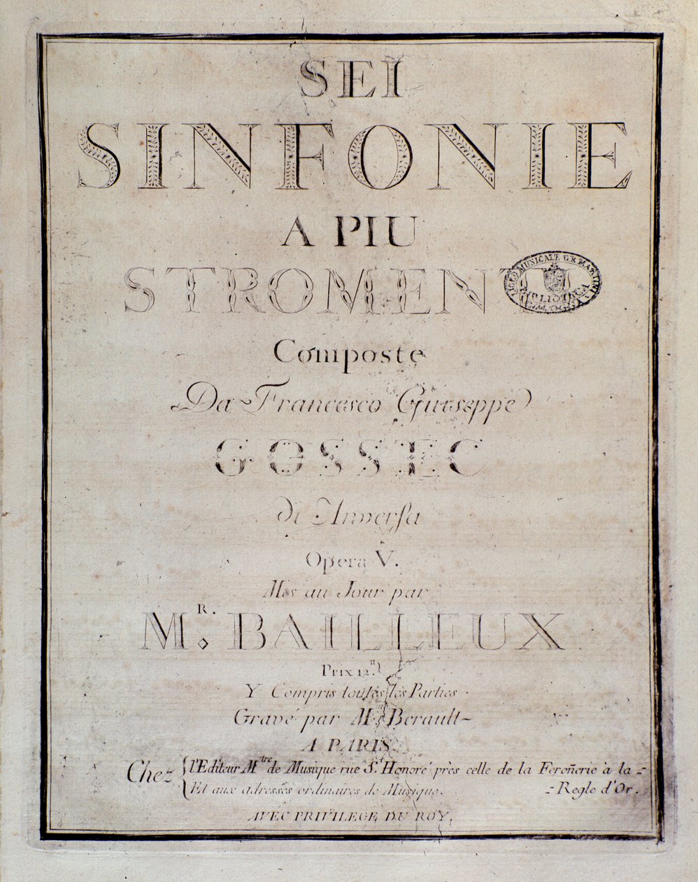 Sei sinfonie a piu strumenti op için skorun ön yüzü. 5 (ilk senfoni) Francois Joseph Gossec tarafından by Unknown artist