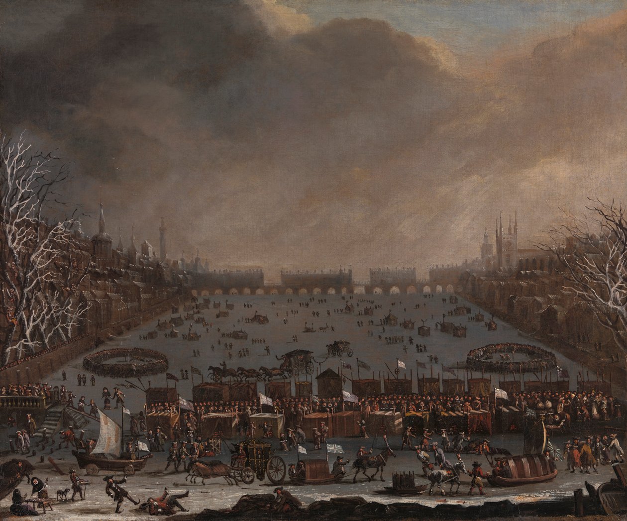 Uzakta Eski Londra Köprüsü ile Thames Nehri üzerindeki Frost Fuarı by Unknown artist