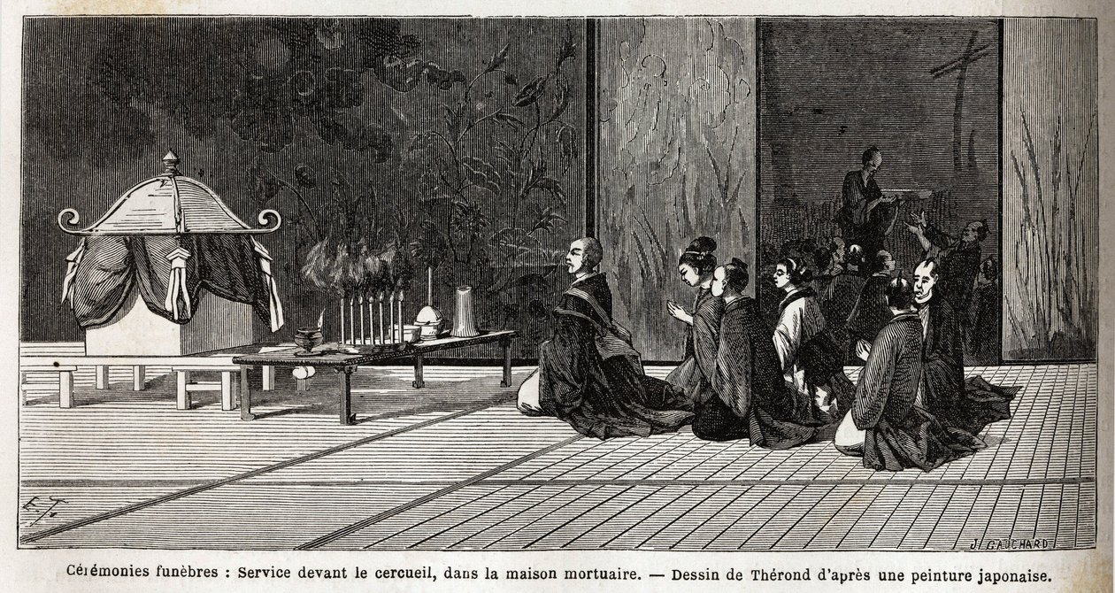 Cenaze törenleri: cenaze evinde tabutun önünde dini hizmet. İsviçre Konfederasyonu bakanı Aime Humbert tarafından 1863-1864