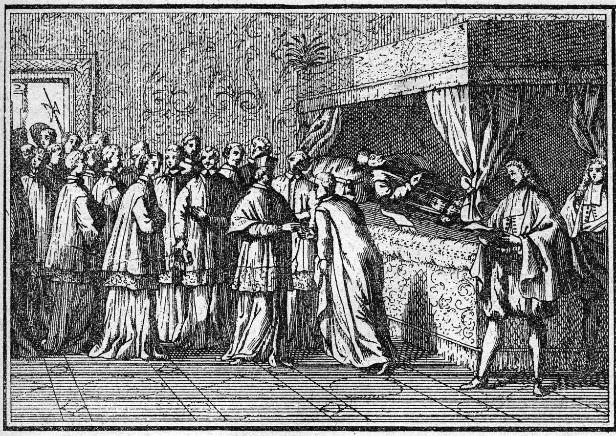 18. yüzyılda bir papanın cenazesi: ölü papanın cesedinin tanınması. “Histoire des Religions” da gravür. by Unknown artist