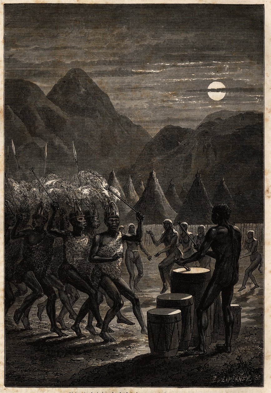 Lakutalar (Yukarı Nil bölgesinde bulunan kabile) arasında cenaze töreni, ay ışığında davullar ve ritüel danslar. Sir Samuel White Baker tarafından 1861-1864