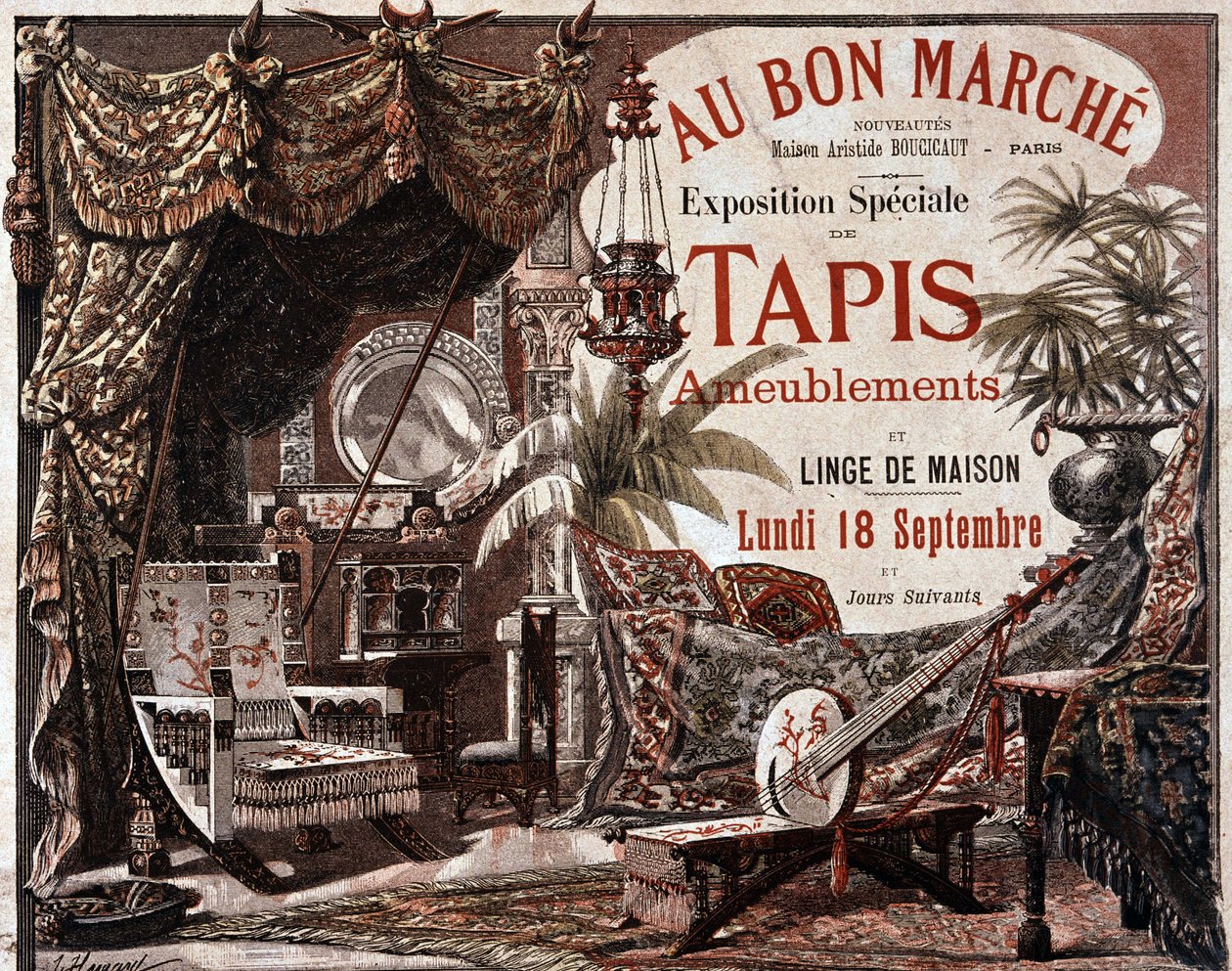 Mobilya ve mobilya halıları - 19. yüzyılın sonlarında “Le bon Marche” mağazasının reklamı. by Unknown artist