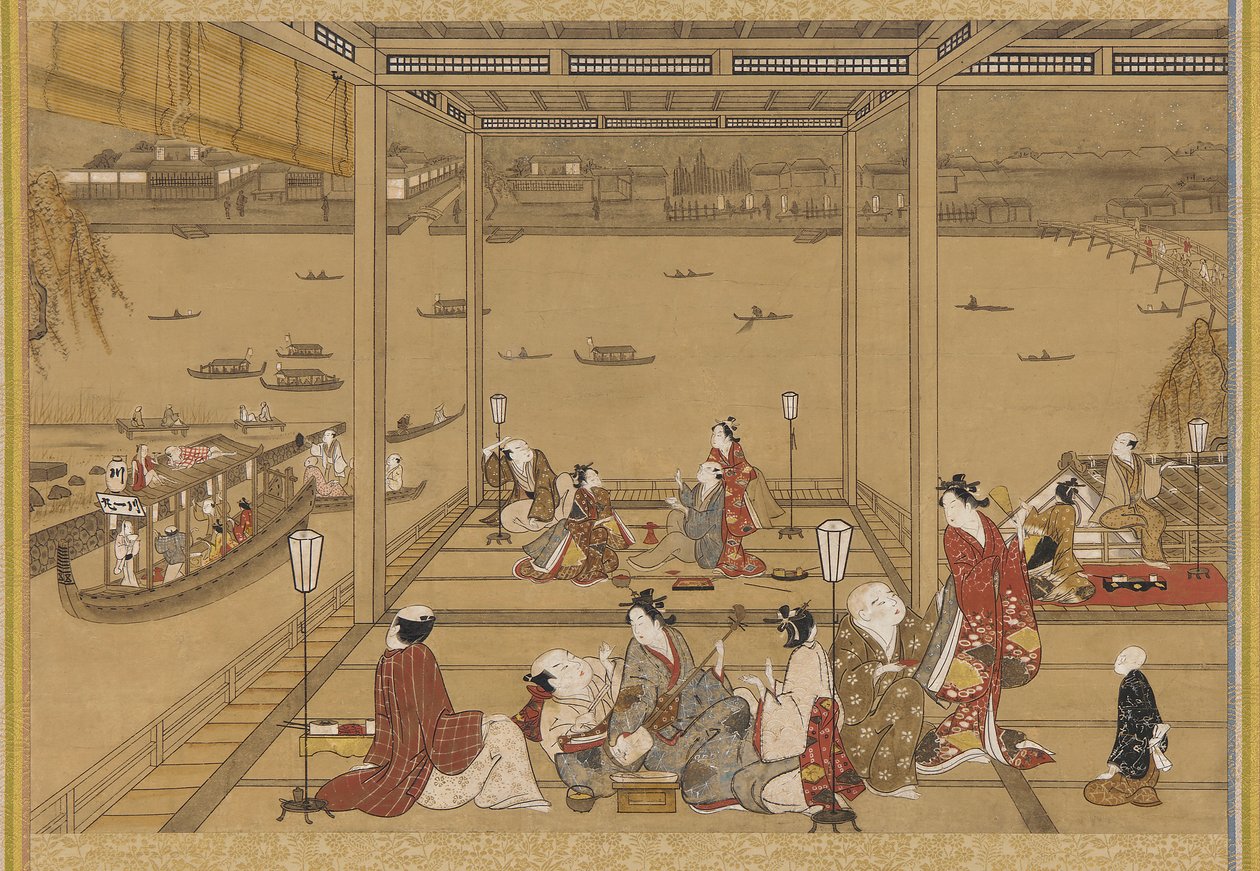 Nehir kenarındaki bir çay evinde neşe by Unknown artist
