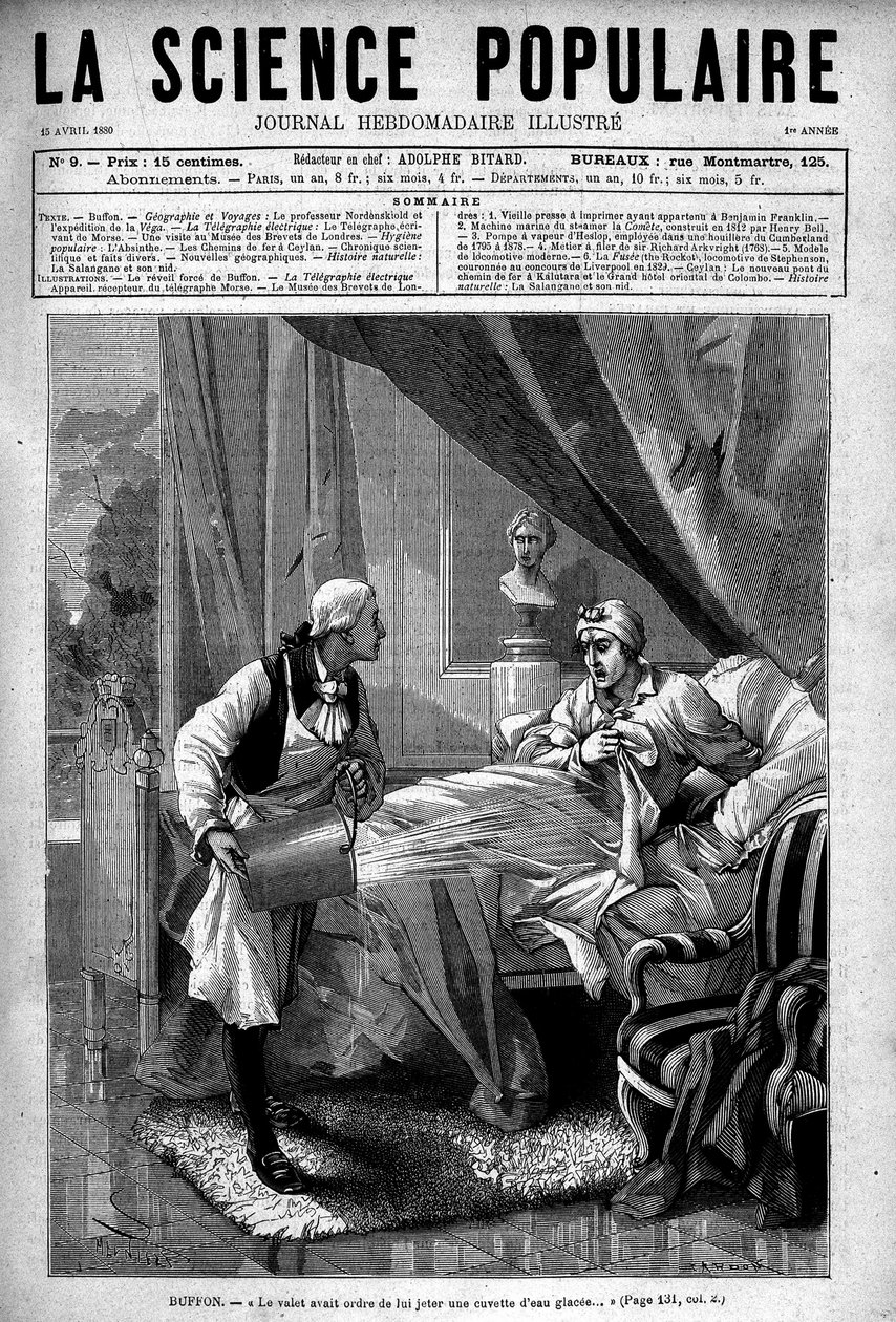 Georges Louis Leclerc Buffon yatağında, vadi ona bir kova buzlu su fırlatıyor. “Popüler Bilim”de, 15 Nisan by Unknown artist