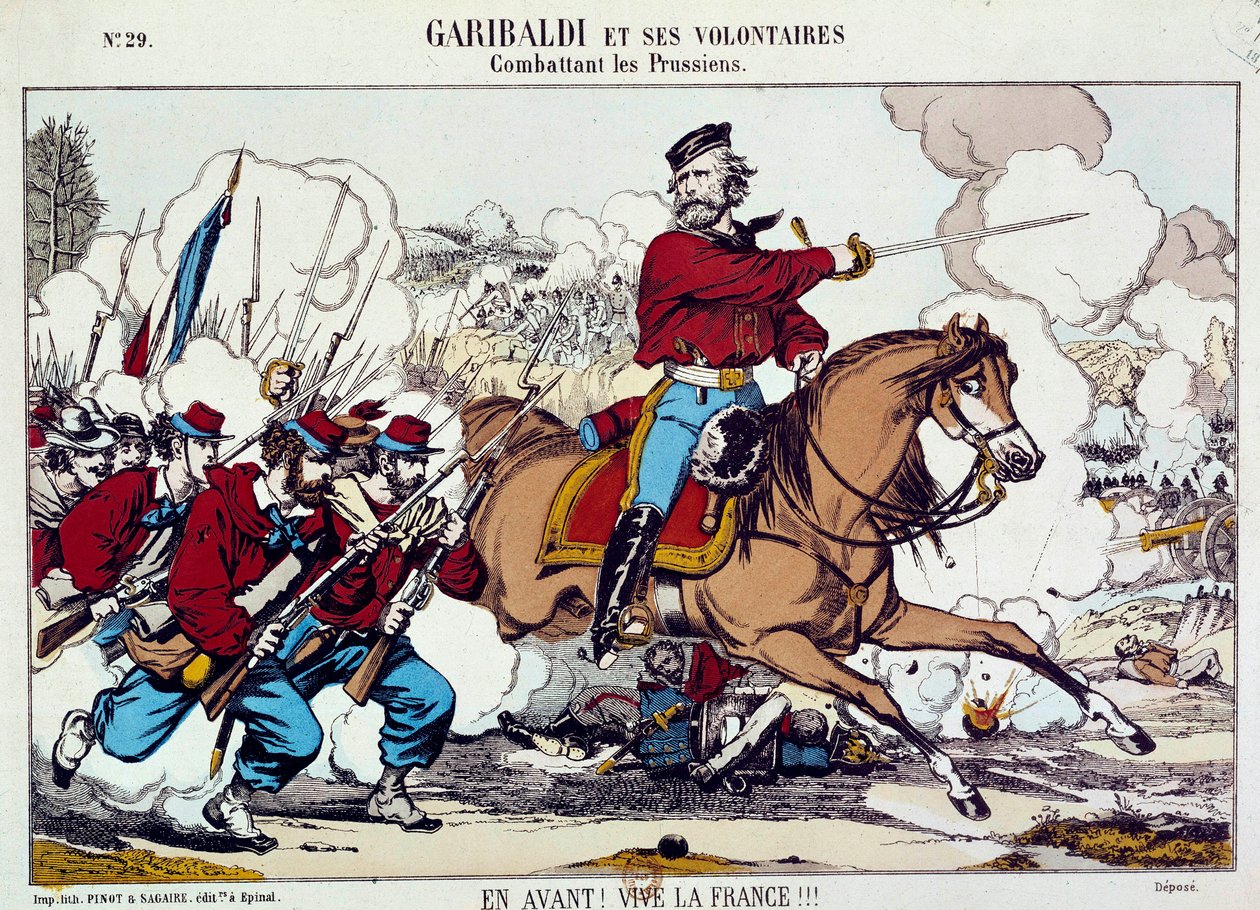 Giuseppe Garibaldi (1807-1882) gönüllüleriyle birlikte Prusyalılara karşı savaşıyor. “İleri, çok yaşa Fransa” 1871 civarında. Gravür B.N. Paris by Unknown artist