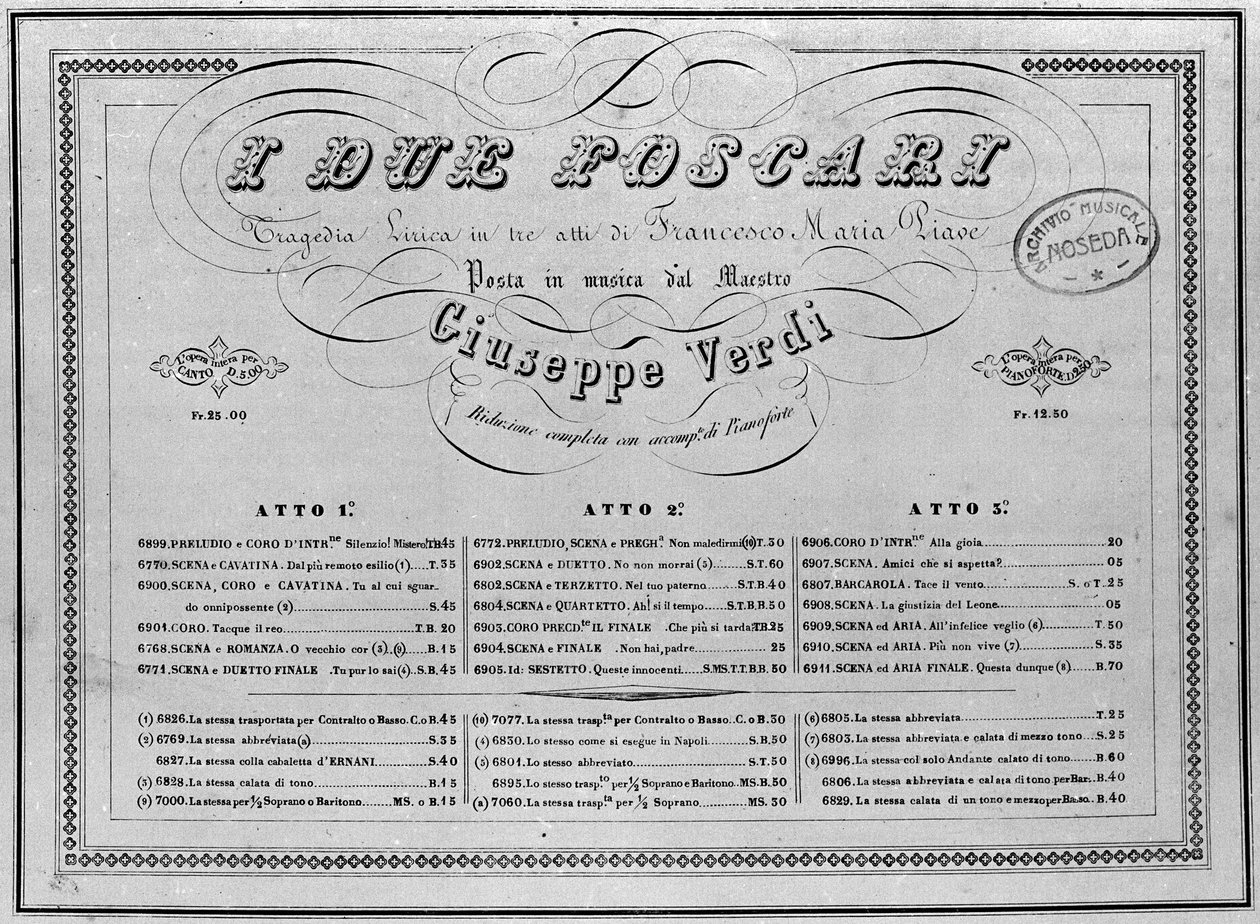 Giuseppe Verdi: 'I Due Foscari' operasının piyano notaları. by Unknown artist