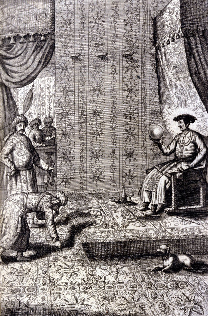 Büyük Moğol (Mogol veya Moğol) (muhtemelen Aurangzeb (1618-1707), Alamgir olarak da bilinir): Taht Salonu. Athanasius Kircher (1601 - 1680), Cizvit, Oryantalist ve Alman bilim adamı, Amsterdam 1667 tarafından “De China Monumenta”. by Unknown artist