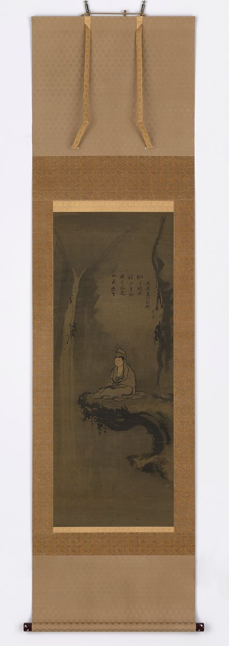 Guanyin, beyaz cüppeli, sarkan bir kayanın üzerine oturmuş by Unknown artist