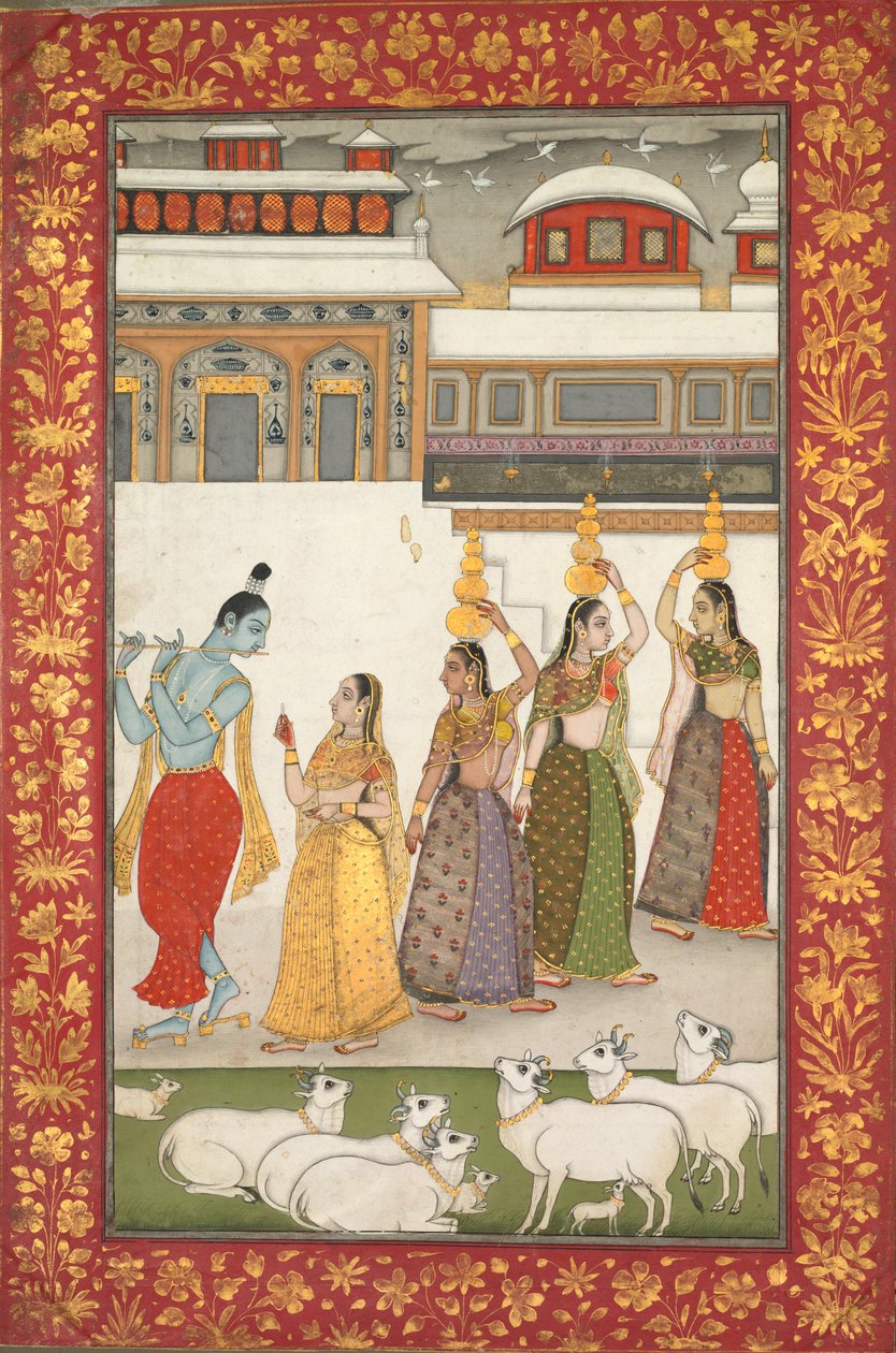 Bir Ragamala Serisinden Gujari Ragini (Flüt Çalan Gopilerle Krishna), by Unknown artist