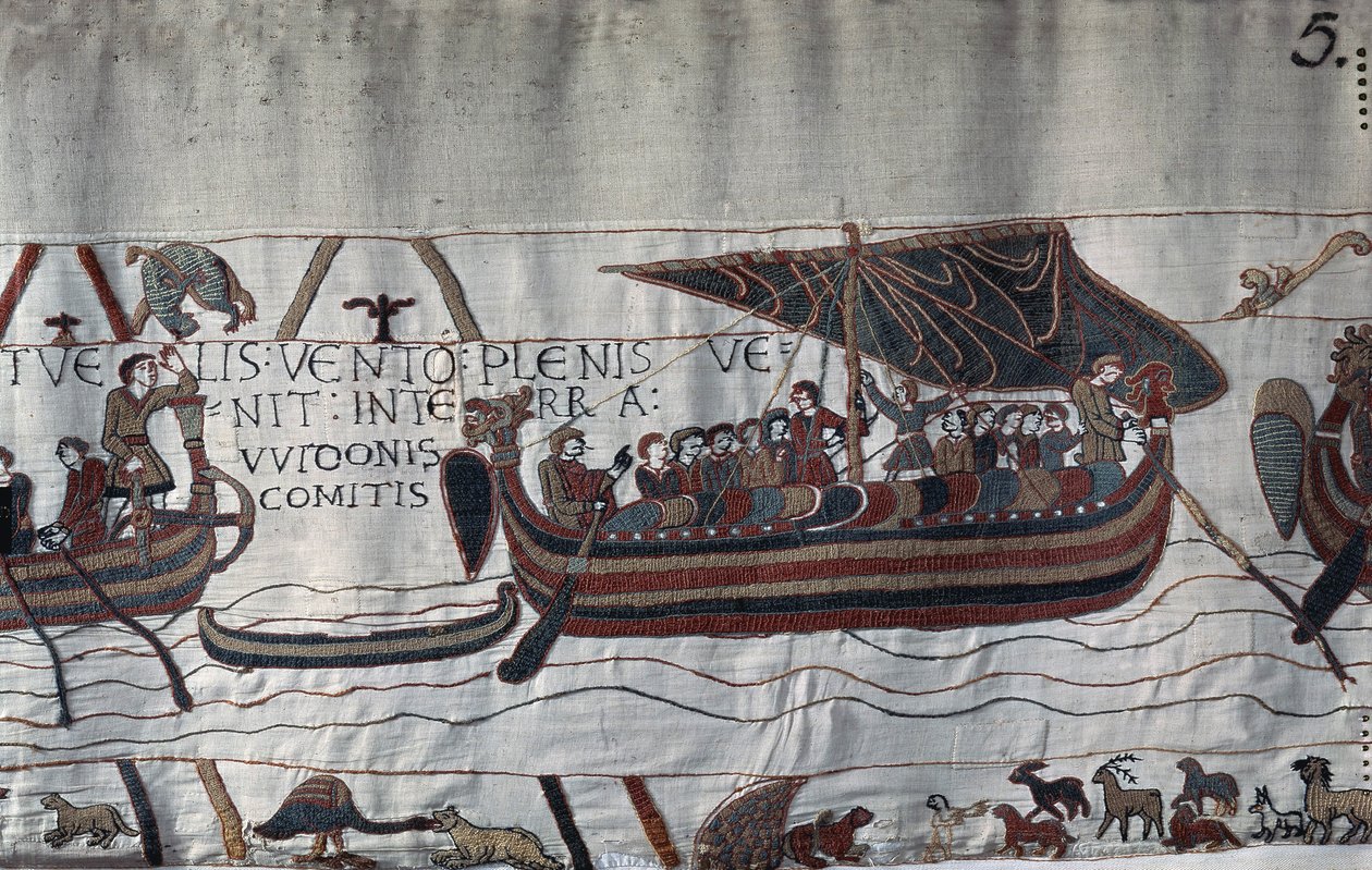 Fırtına tarafından kaçırılan II. Harold (1022 - 1066) gemisi, Kraliçe Mathilde Nakış olarak bilinen Ponthieu - Bayeux Goblen sahilinde karaya oturdu by Unknown artist
