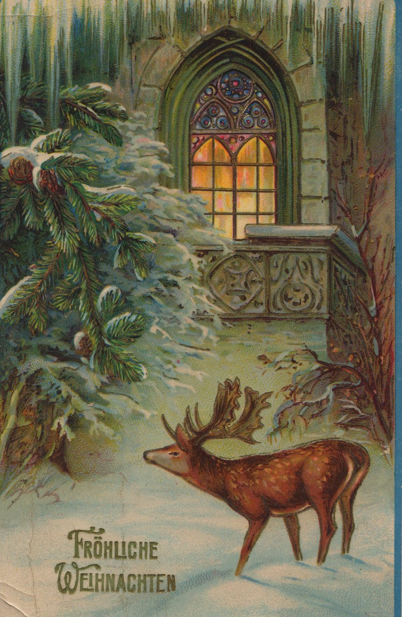 Geyik ve Kilise ile Kış Motifli Tarihi Noel Kartı by Unknown artist
