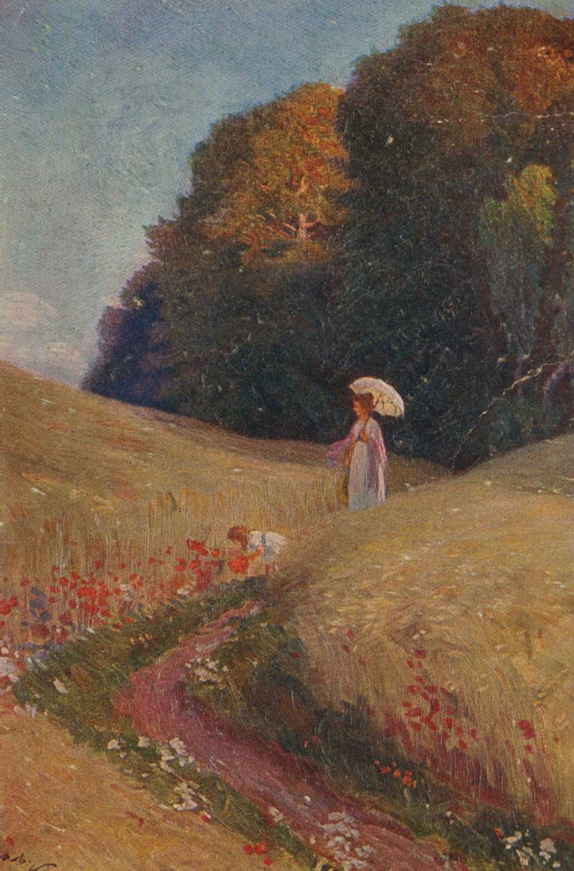 Bir tablodan sonra tarihi tebrik kartı, Anne ve kızı bir çiçek çayırında yürüyorlar. by Unknown artist