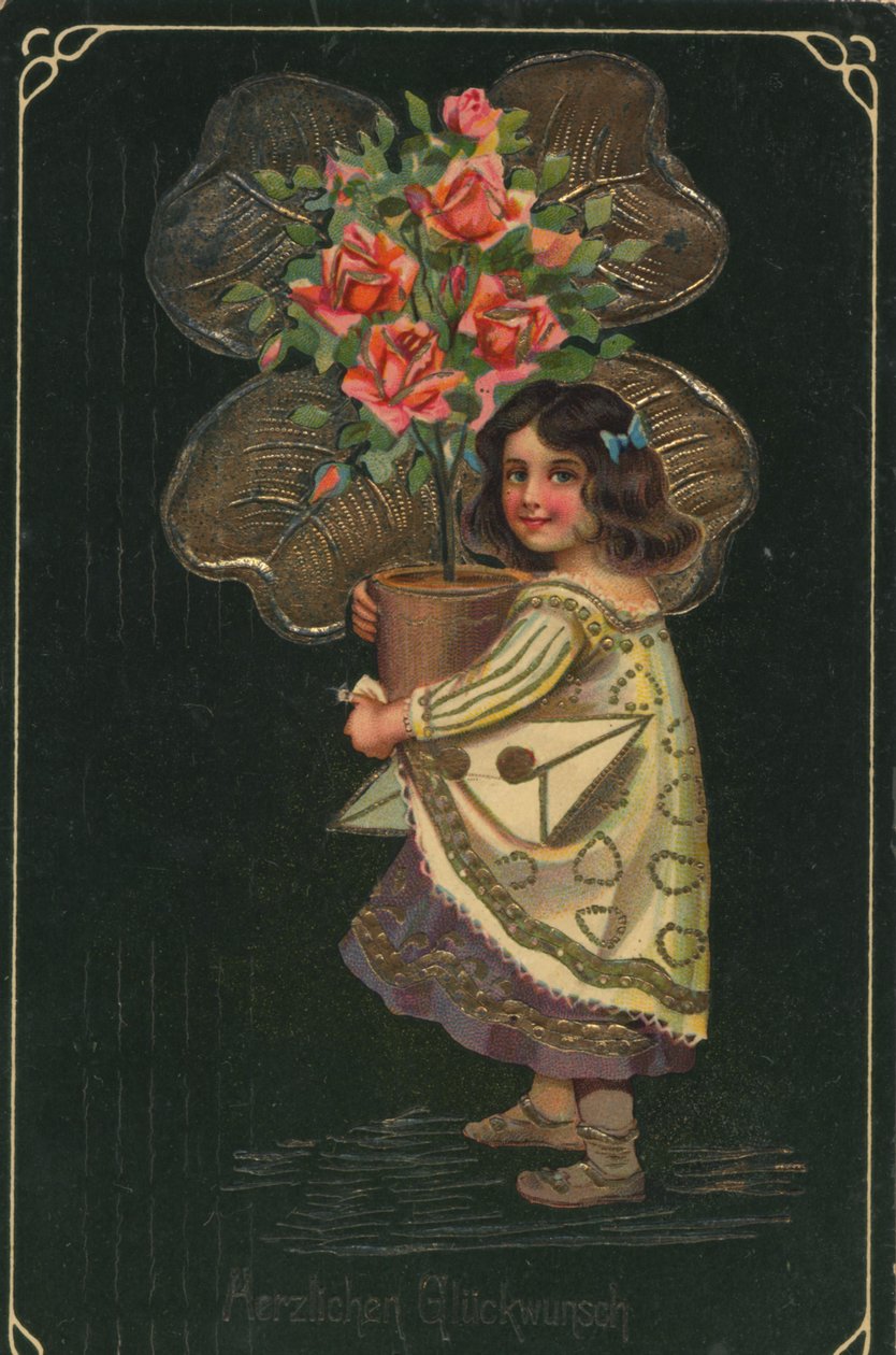 Bir çocuk ve büyük bir saksı bitkisi ile tarihi tebrik kartı, gül by Unknown artist