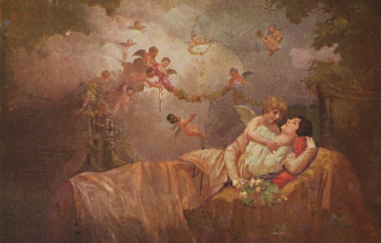 Bir kadına şans getirmek için meleklerle tarihi tebrik kartı, kitschy-romantic by Unknown artist