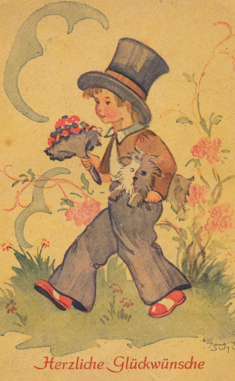 Bir buket çiçek ve küçük bir köpek olan bir çocuk, tebrik kartı ile tarihi kartpostal by Unknown artist