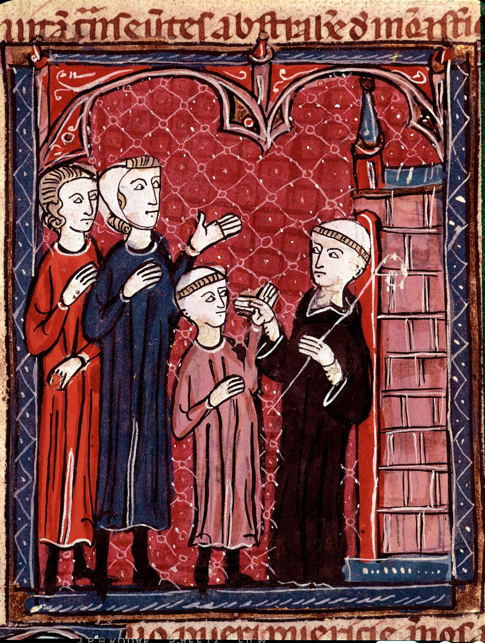 Kilise Hukuku Tarihi: ““Oğullarını manastıra götüren iki ebeveyn””” 1140 yılından kalma “Decret de Gratien”den (“Concordia discordantium canonum” veya “Decretum Gratiani”) alınmış ve Osmanlı kanunlarını ve kanunlarını düzenleyen minyatür. Roma Katolik Kili by Unknown artist