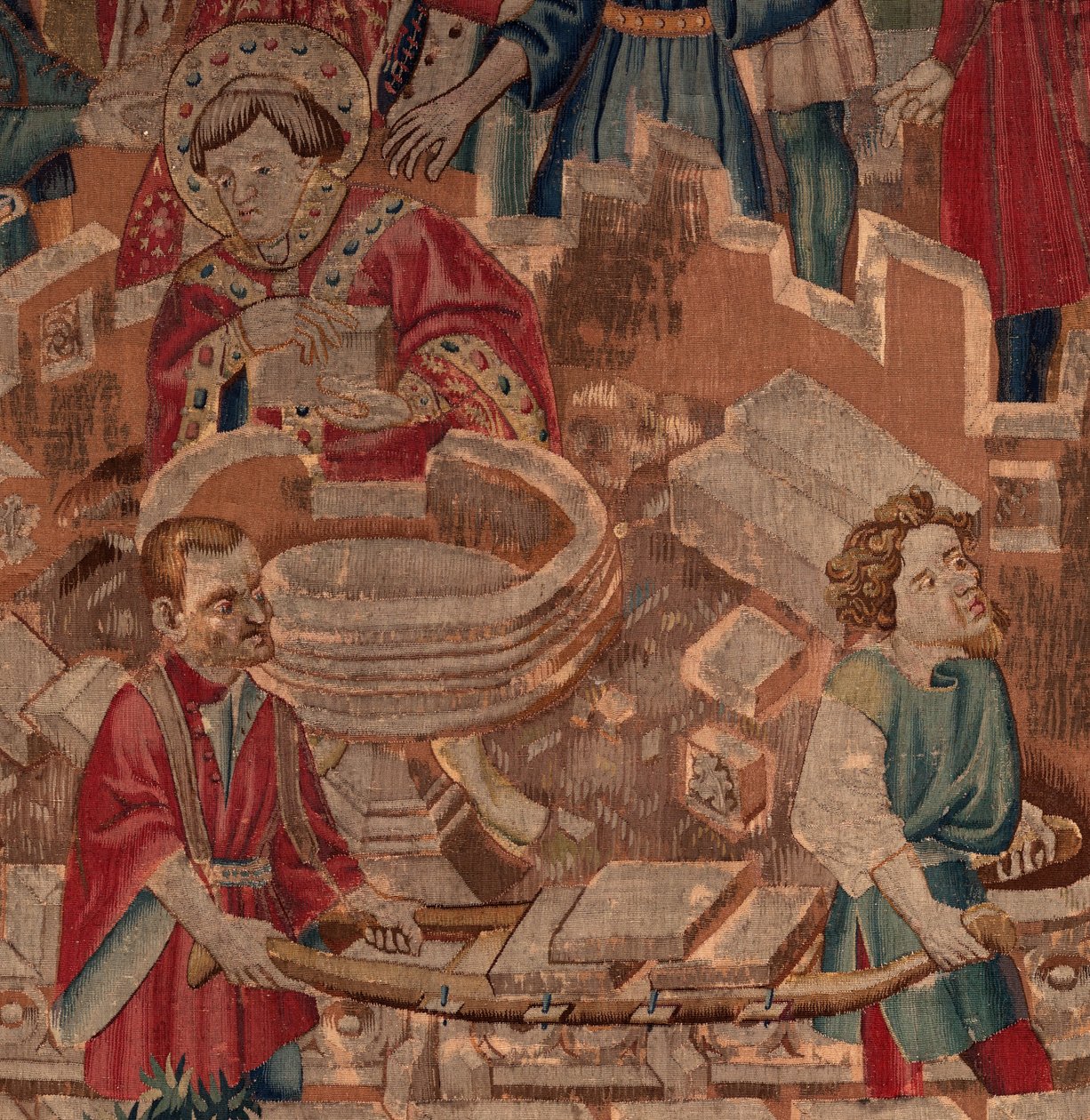 Aziz Piat ve Aziz Eleuthère'in Tarihi, Sahne 5, Detail.Mid. Aziz, duvar ustaları ve vaftiz yazı tipi. by Unknown artist
