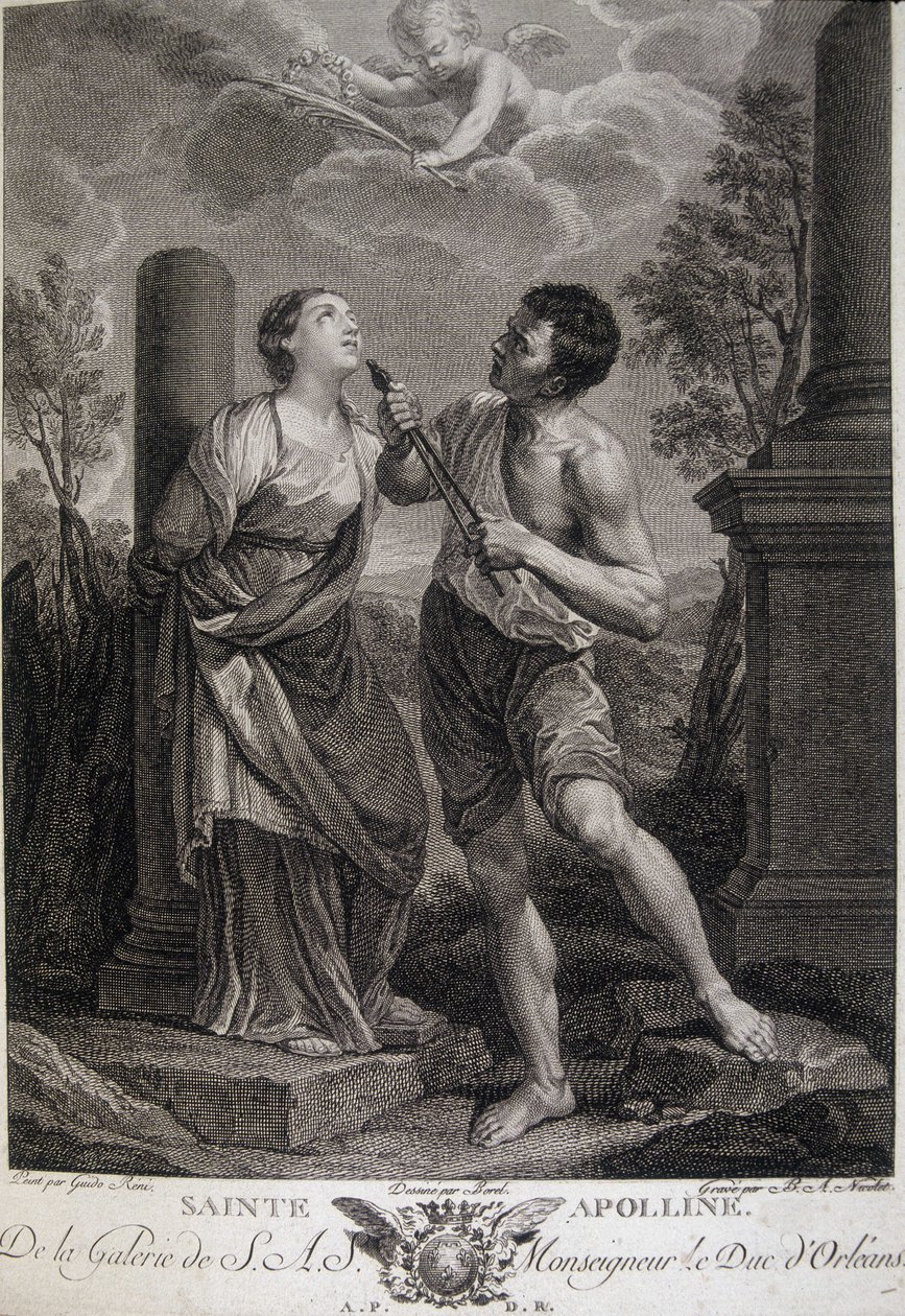 Zulümler sırasında Kutsal Apolina, Roma tanrılarına haraç ödemeyi reddettiği için dişlerini kırar. 17. yüzyılın gravürü. by Unknown artist