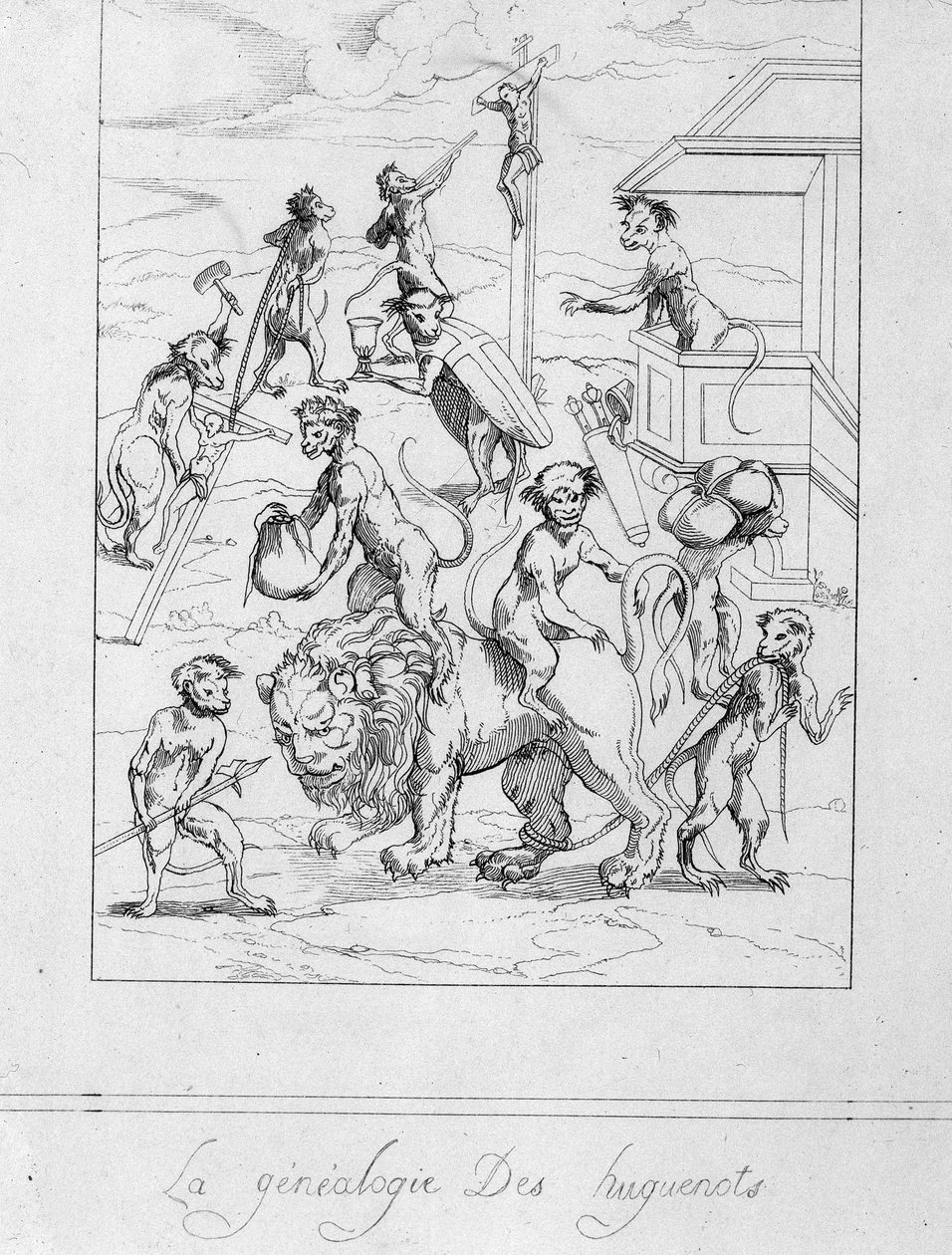 Huguenot şecere: maymunlarda Protestanların karikatürü - gravür by Unknown artist