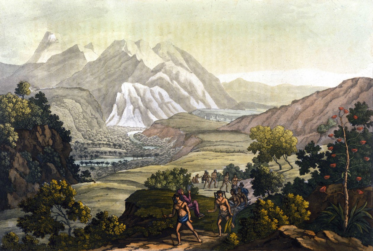 Humboldt ve Bonpland Quindiu dağını taşıyıcı sandalyelerde geçerler. Alexander Von Humboldt