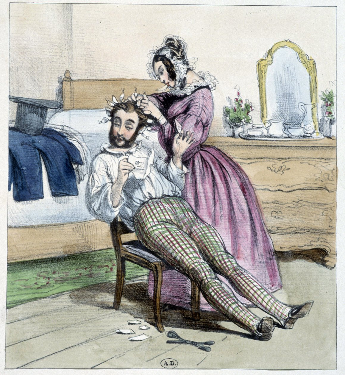 Nişanlısının mektubuyla yapılan bir züppenin sadakatsizliği üzerine mizahi çizim - çizim by Unknown artist
