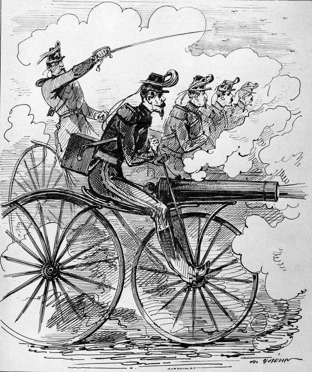 Esprili gravür: Makineli tüfeklere uygulanan Velocipedomania - 19. yüzyıl. by Unknown artist
