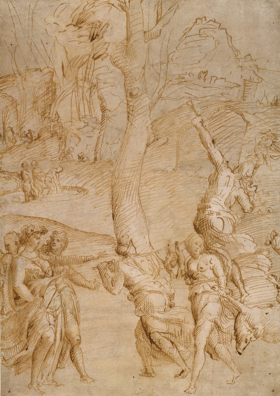 Av Sahnesi (recto); İki Yatan Nehir Tanrısı Çalışması (), bir Lahit Önü () verso by Unknown artist