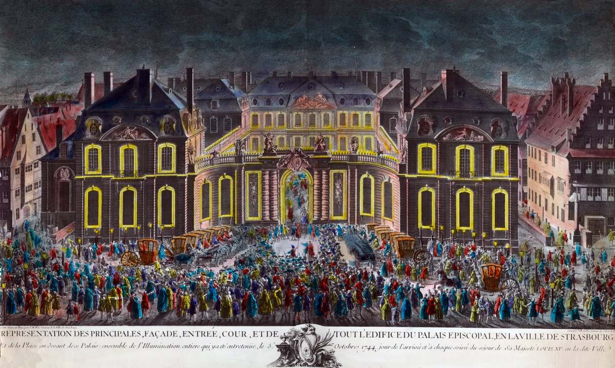 Strasbourg şehrinin piskoposluk sarayının, 5/10/1744 tarihinde ciddi bir hastalığın ardından nekahat halinde olan Kral XV. Dönem Baskı Özel Koleksiyon by Unknown artist