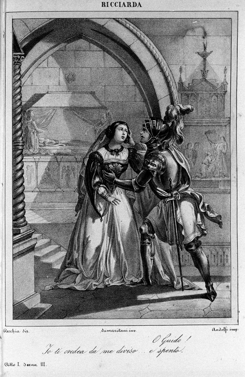 İtalyan şair ve oyun yazarı Ugo Foscolo (1778-1827) tarafından “Ricciarda”nın I. Perdesinin 3. Sahnesi için İllüstrasyon 19. yüzyıl by Unknown artist