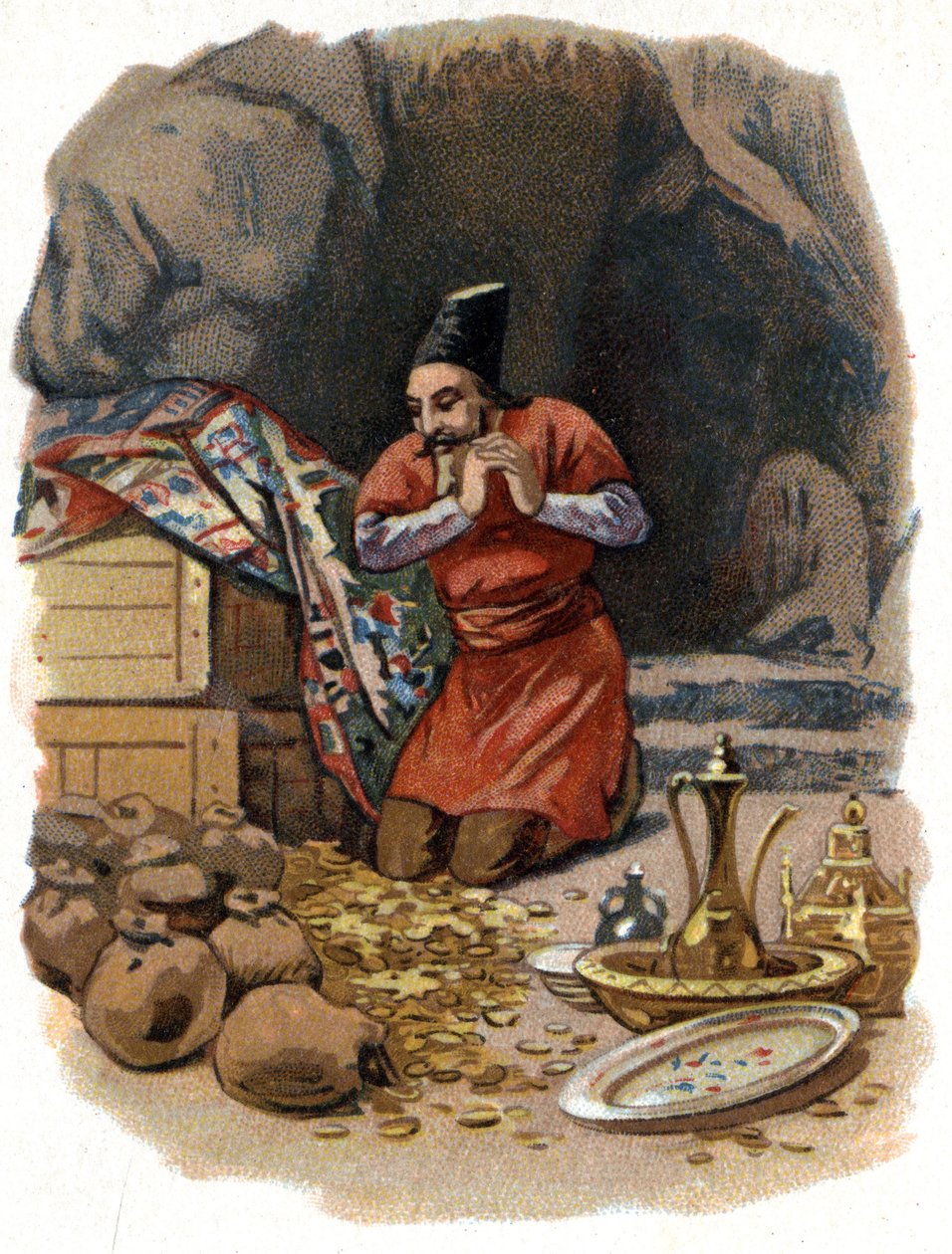Binbir Gece Masalları için İllüstrasyon. Ali Baba (Ali-Baba) kayaya girer, Susam açar ve altın fıçıları görür der. 1890 civarında kromolitografi. by Unknown artist