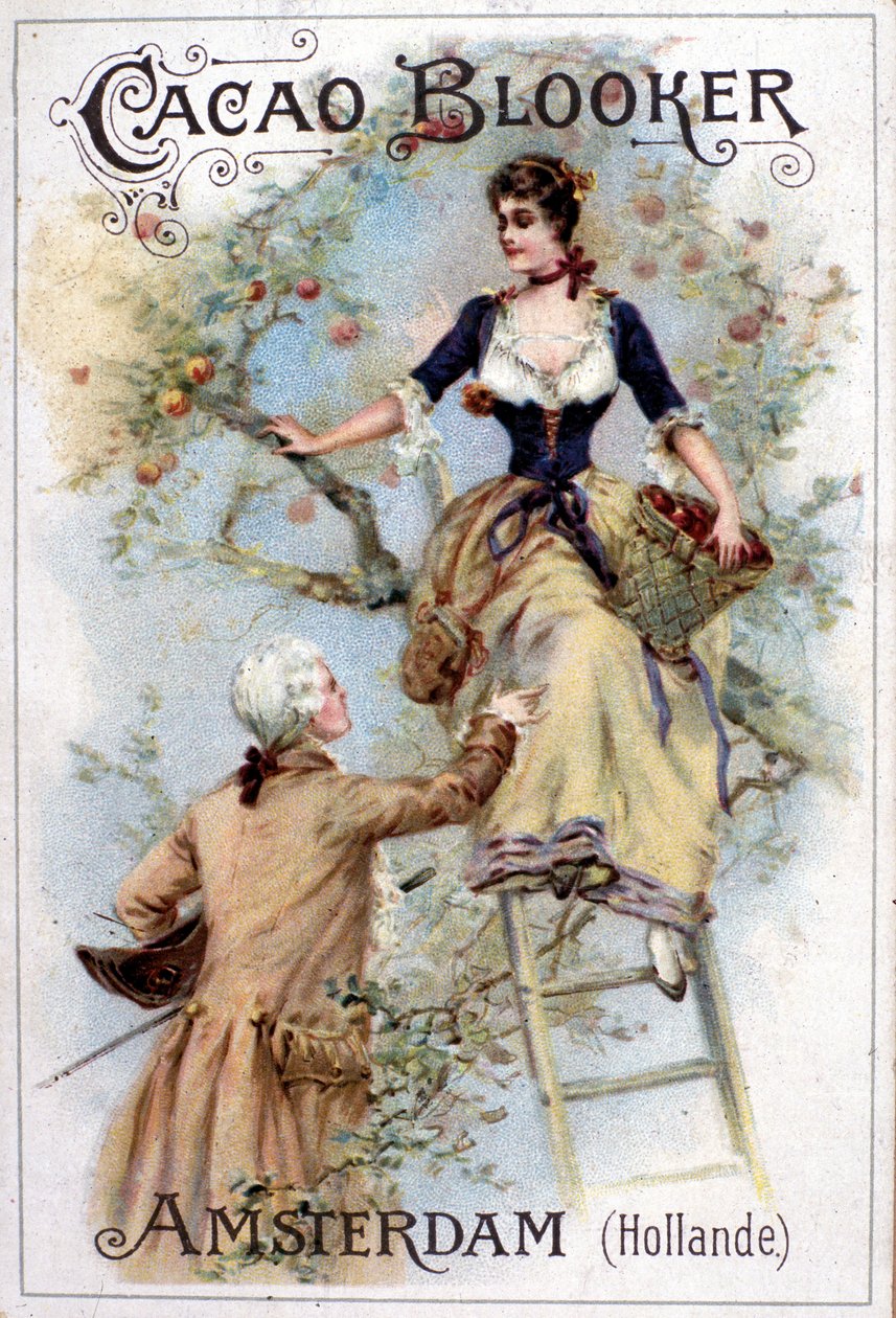 18. yüzyıl modasında genç bir kadına merdivenden inmesine yardım eden genç bir adamı betimleyen Blooker Cocoa için reklam illüstrasyonu. by Unknown artist