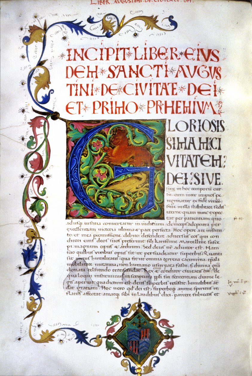 Aziz Augustine tarafından "De civitate Dei" el yazmasının Incipit. 15. yüzyıl el yazması. Milano, İncil, Trivulziana. by Unknown artist