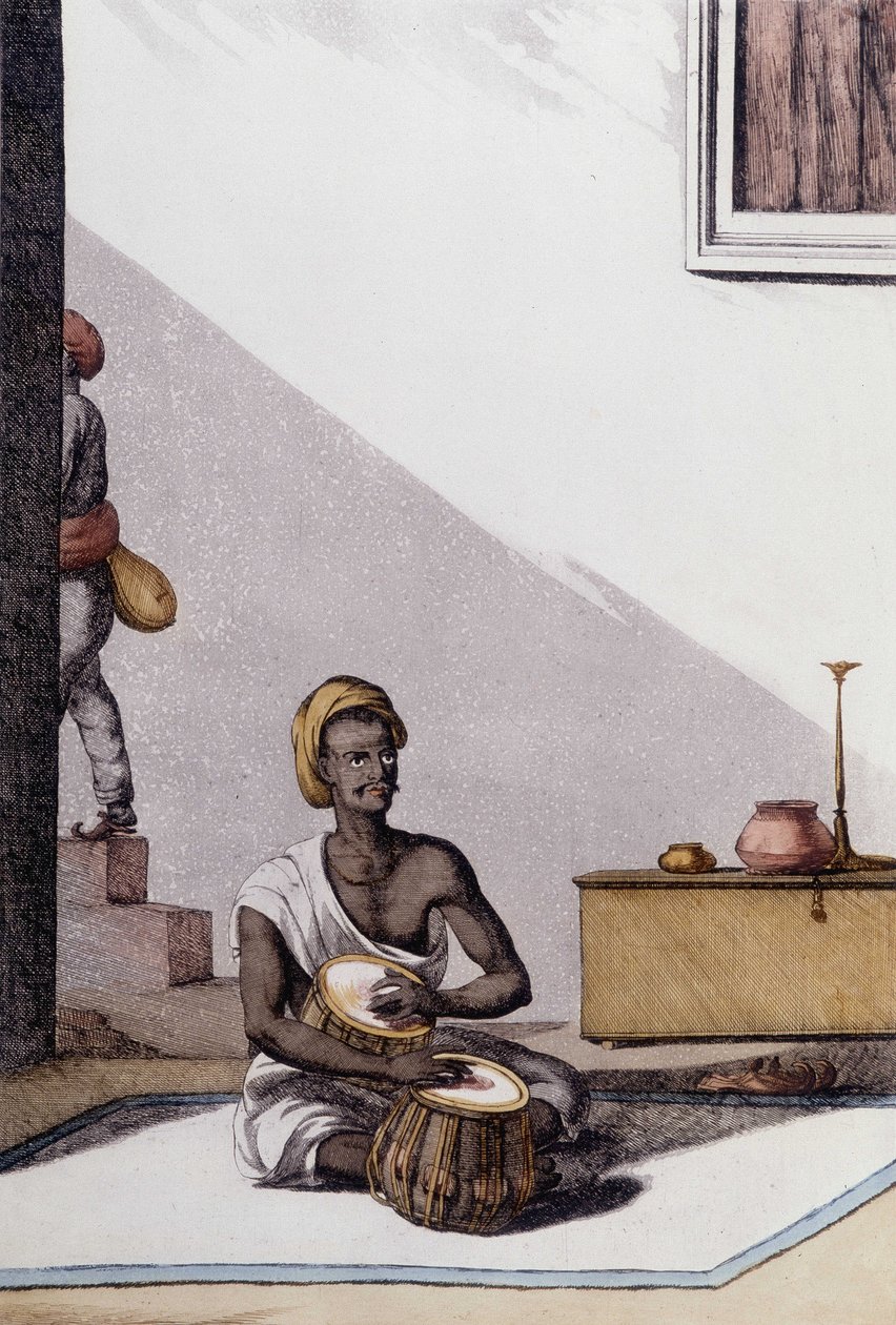 Hint kültürü ve uygarlığı: müzisyen çalan tablas, geleneksel müzik aleti, Hindistan. 1808 gravür. by Unknown artist