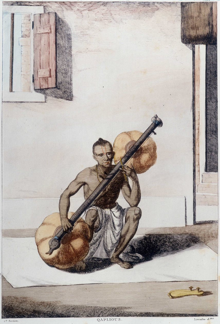 Hint kültürü, uygarlığı ve toplumu: geleneksel Hint yaylı çalgılı müzisyen. 1808