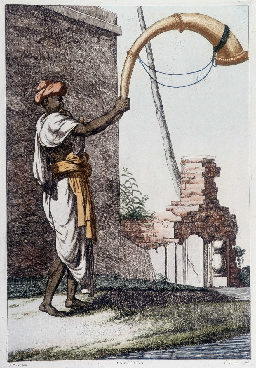 Hint kültürü, medeniyeti ve toplumu: geleneksel Hint nefesli çalgısı (Sournae) ile müzisyen. 1808