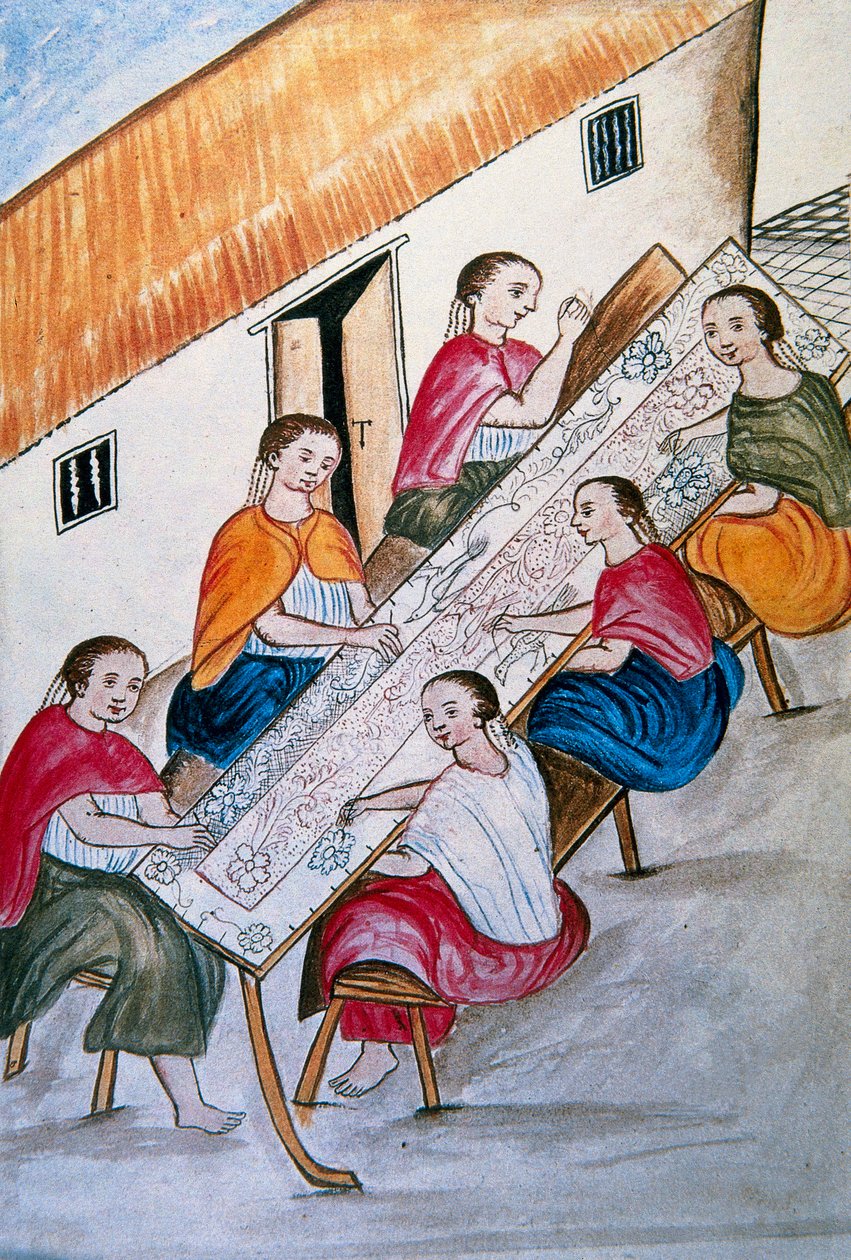 Hintli işçiler, Trujillo piskoposu Baltazar Martinez Compañón y Bujanda'nın "Trujillo del Peru" veya "Códice Martínez Compañón" kitabından dikiş dikiyor (1782-1785) by Unknown artist
