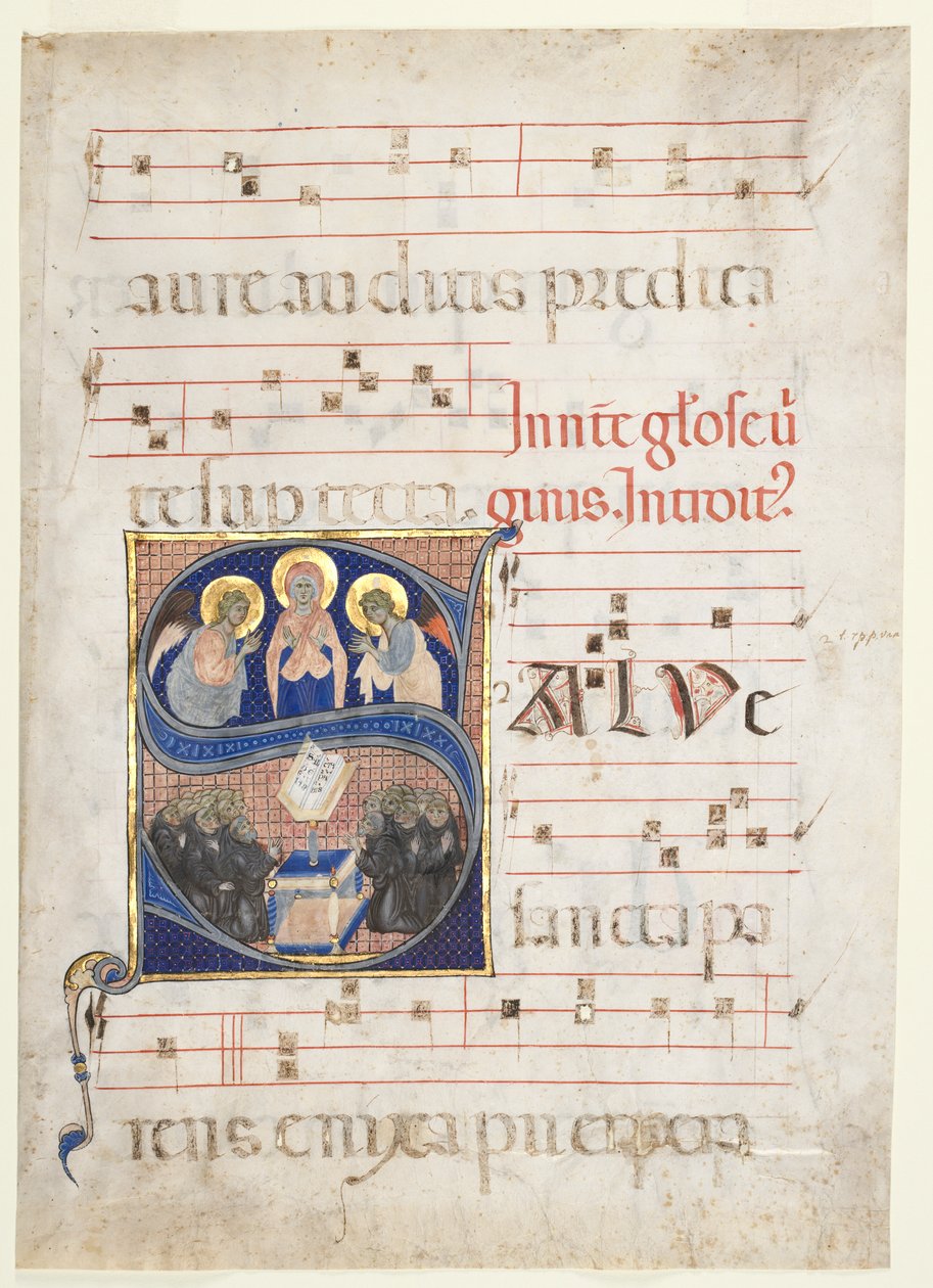 Melekler Tarafından Tapılan Bakire ve Şarkı Söyleyen Benedictine Rahipleri ile İlk Salve sancta parens]: Bir Kademeli Tek Yaprak by Unknown artist