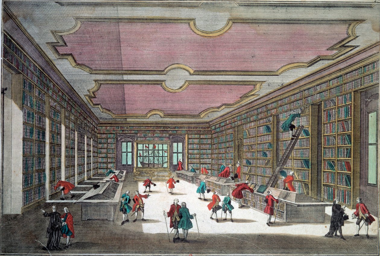 Göttingen kütüphanesinin iç görünümü. 18. yüzyıl Paris gravürü, B.N. by Unknown artist