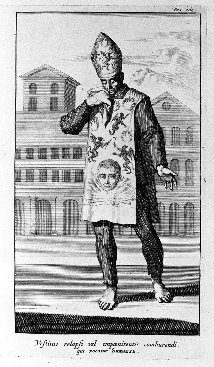 Inquisition. The garment of Samarra which the penitents wore. Engraving from History of Inquisition, Amsterdam 1692. by Unknown artist