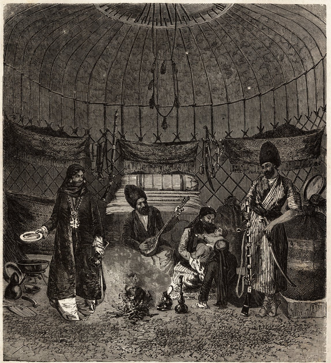 Bir Türk çadırında (Türkmena, Irak), bir aileye ev sahipliği yapan, bir barhchi (müzisyen, hikaye anlatıcısı) eşliğinde şarkı söylemek veya şiir okumak için dutare, bu sanatçılar çok yakalandı. Henri de Blocqueville