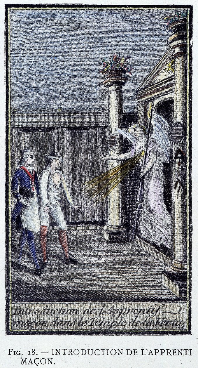 Mason çırağının tanıtımı - tüm Masonik emirlerin bir şövalyesi tarafından “Adonhiramite Duvarcılığının Değerli Koleksiyonu” ndan bir gravürden by Unknown artist