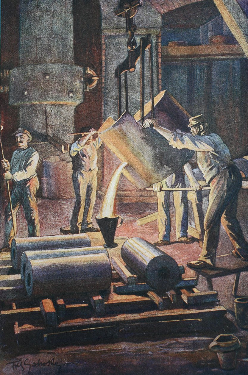 Demir dökümhanesi, dökümhane, erimiş demirin kalıp dökümü by Unknown artist