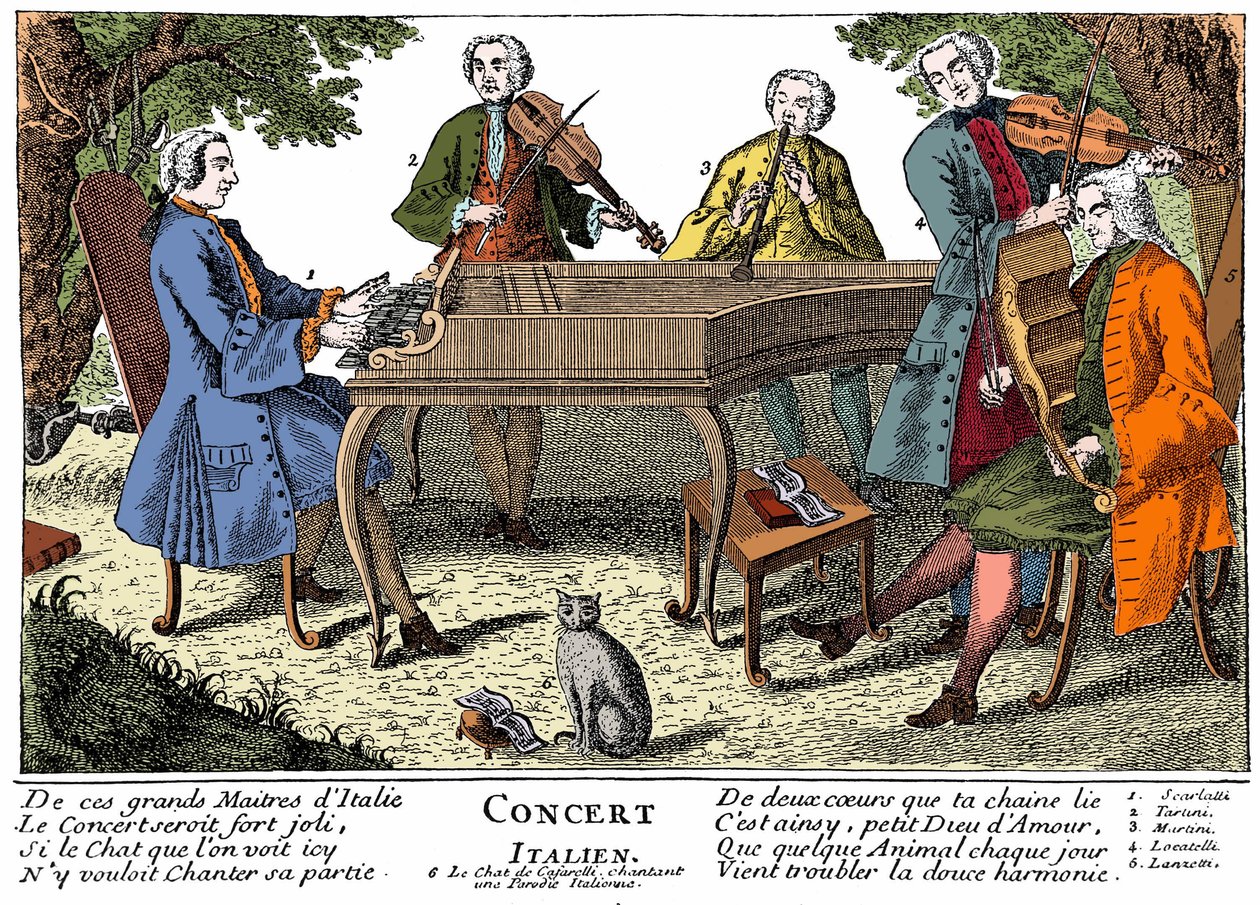 1. Scarlatti (klavsen) - 2. giuseppe Tartini (keman) - 3. Baba (baba) Martini (Giovanni battista) (flüt) - 4. Locatelli (keman) - 5. Lanzetti (viyola) ile İtalyan konseri (barok müzik) - 6. Şarkı söyleyen kedi. 18. yüzyılın gravürü by Unknown artist