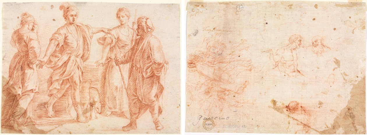 Jacob ve Laban ile Rachel ve Leah (rekto) İki Adam ve Diğer Çeşitli Figürlerin Eskizleri (verso) by Unknown artist